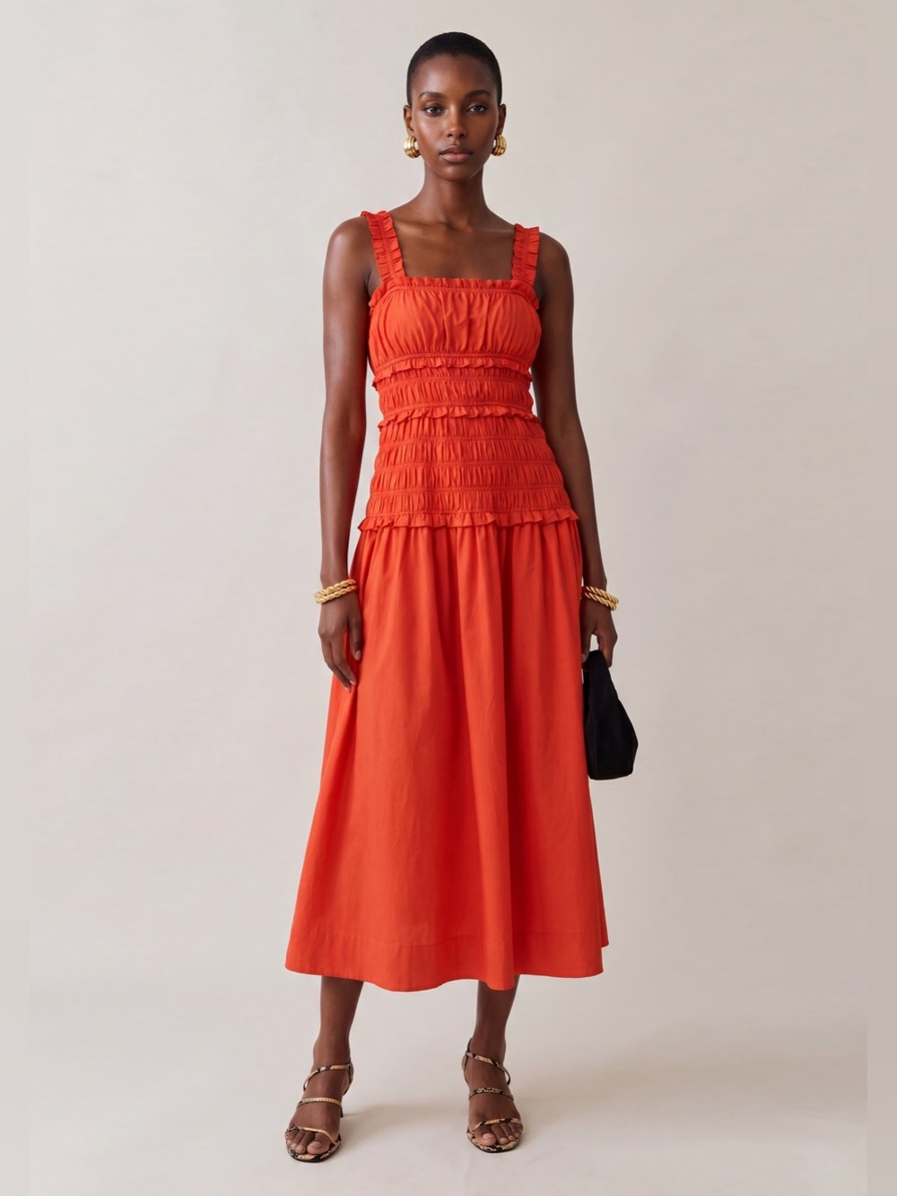 Few Moda Freya Cotton Smocked Midi Maxi Dress Bright Orange XS NWT